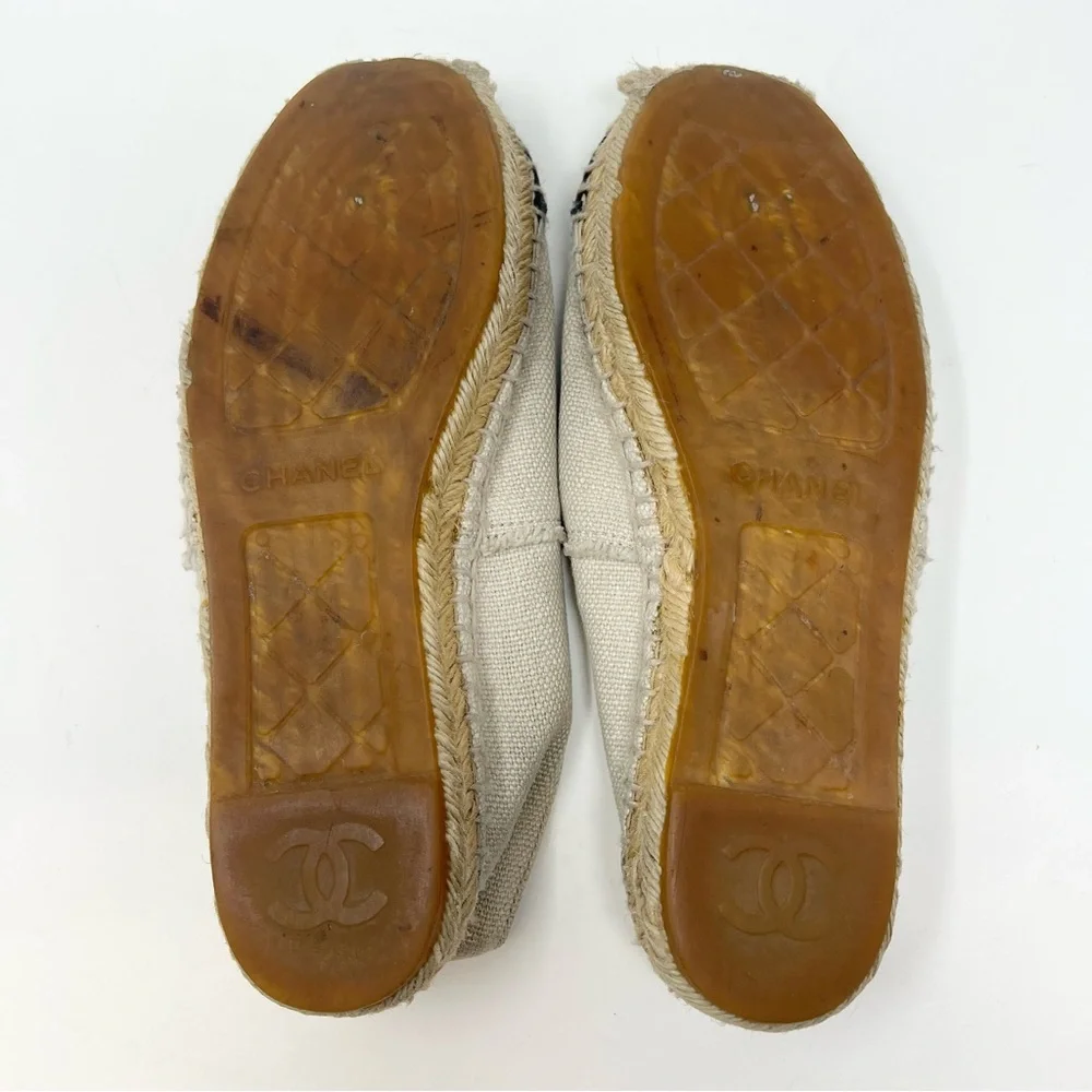 CHANEL Cloth Two-Tone Espadrilles Size 37 7 Cream and Black Designer Distressed
